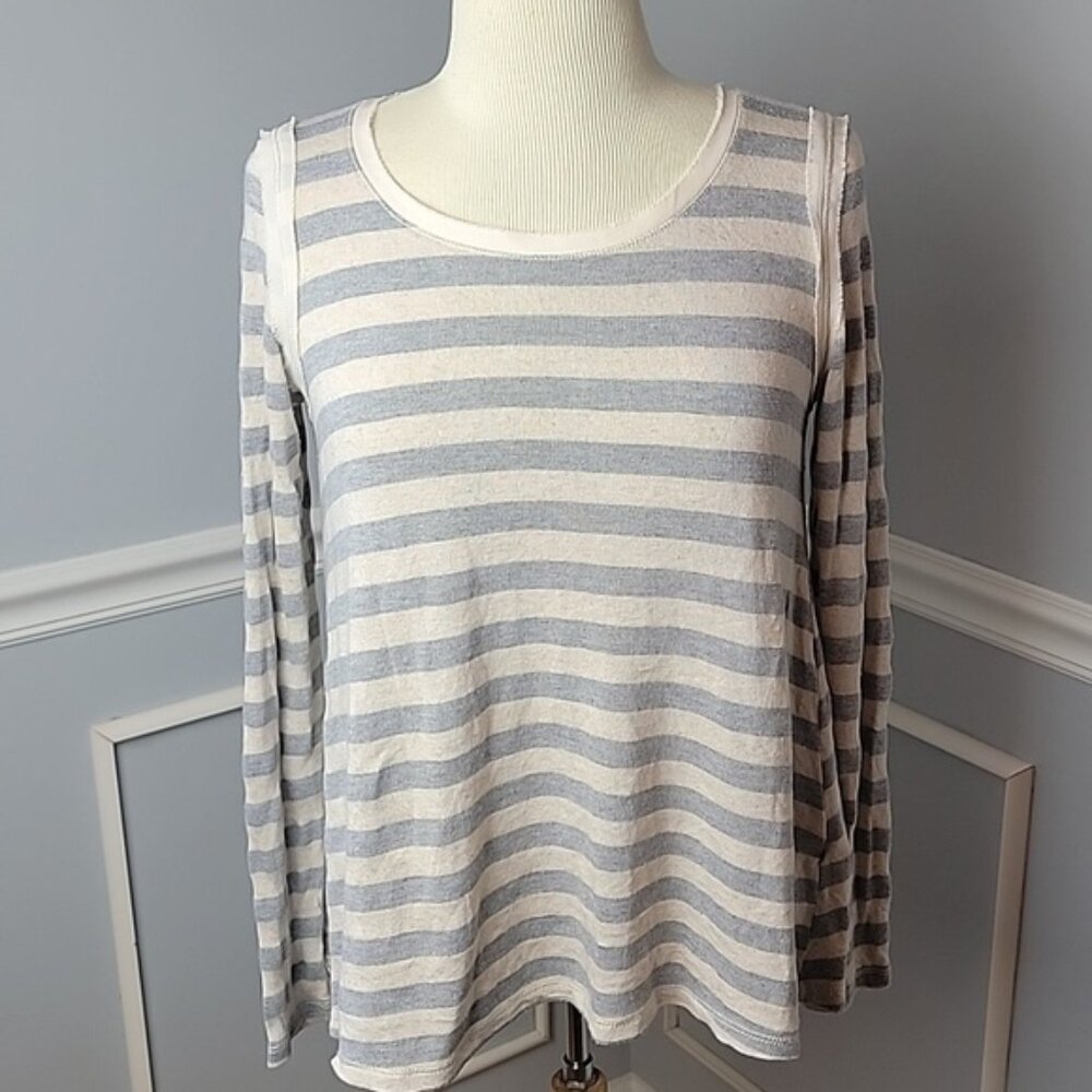 REWIND Blue Ivory Striped Flowy Button Lace Inlay Boho Mixed Media Knit Top M
